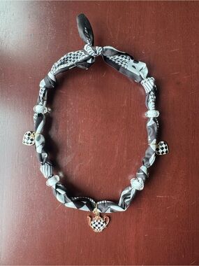 Black & White Checkered Patterned Silk like Scarf Necklace with Teapot Charm